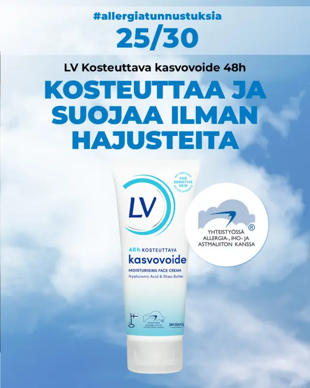 Vielä ehdit: tee oma #allergiatunnustus ja voita LV-tuotepaketti. Kaikkien Allergiatunnuksen Instagram-tilin seuraajien tai allergiatunnustuksen tehneiden kesken arvotaan Allergiatunnuksen saaneita tuotteita.  Viisi onnekasta voittaa LV kasvohoitopaketin, jonka hajusteettomat kasvojenhoitotuotteet puhdistavat ja kosteuttavat ihoa hellävaraisesti. LV tuotteet on kehitetty yhdessä Allergia-, Iho- ja Astmaliiton kanssa, joten ne sopivat erinomaisesti myös herkkäihoisille. Paketin arvo on 38 euroa ja mukana ovat: LV Puhdistusvaahto
LV Kasvovesi
LV Kosteuttava seerumi
LV 48h Kosteuttava kasvovoide
LV SPF20 Kasvovoide
LV Korjaava yövoide sekä 
LV Silmänympärysvoide  Arvonta suoritetaan 9.4.2026 ja voittajille ilmoitetaan henkilökohtaisesti Instagram-viestillä.