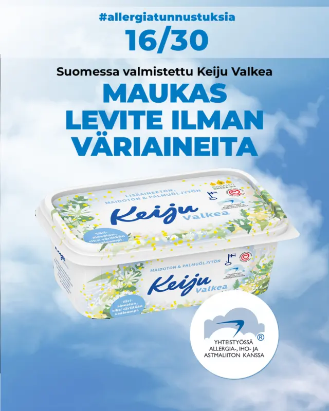 Tälläkin tuotteella on Allergiatunnus. Se on merkki siitä, että tuote täyttää allergiakriteerit ja sopii juuri sinulle.  Tee oma #allergiatunnustus ja voita!  Puhu avoimesti allergiasta tunnuksella #allergiatunnustuksia ja ota @allergiatunnus seurantaan Instagramissa, niin voit voittaa Allergiatunnus-tuotteita.  Allergiatunnus – jo 30 vuotta!