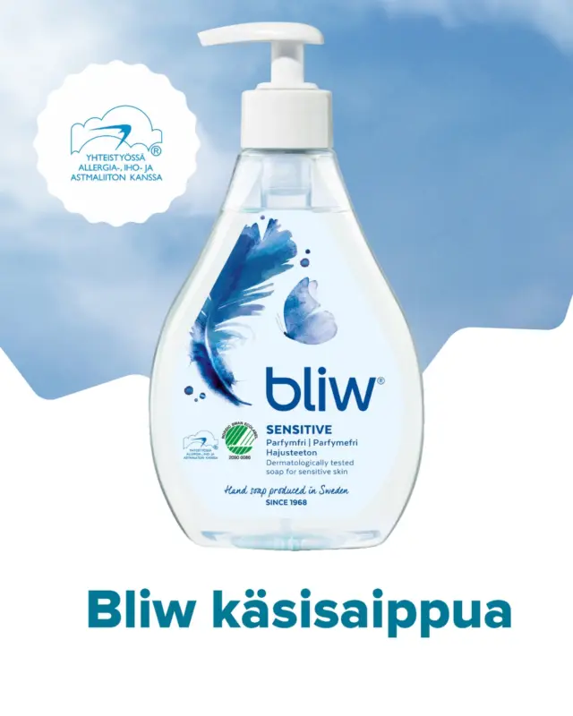 Hajusteeton Bliw Sensitive käsisaippua sai Allergiatunnuksen vuonna 2019 ja on ollut herkkäihoisten yksi suosikkituote - joko sinä olet löytänyt tämän tuotteen?  @bliwsuomi  Dermatologisesti testattu, sopii jokapäiväiseen aktiiviseenkin käyttöön. Mieto koostumus, joka kosteuttaa ja pehmentää ihoa.  Vinkkaa kaverillekin ja pyydä ottamaan Allergiatunnus-tili seurantaan ja saatte tuote- ja kemikaalivinkkejä.  Sopii myös mökkikäyttöön, ympäristömerkitty.  #allergiatunnus #bliw #hajusteeton #herkkäiho #allergia